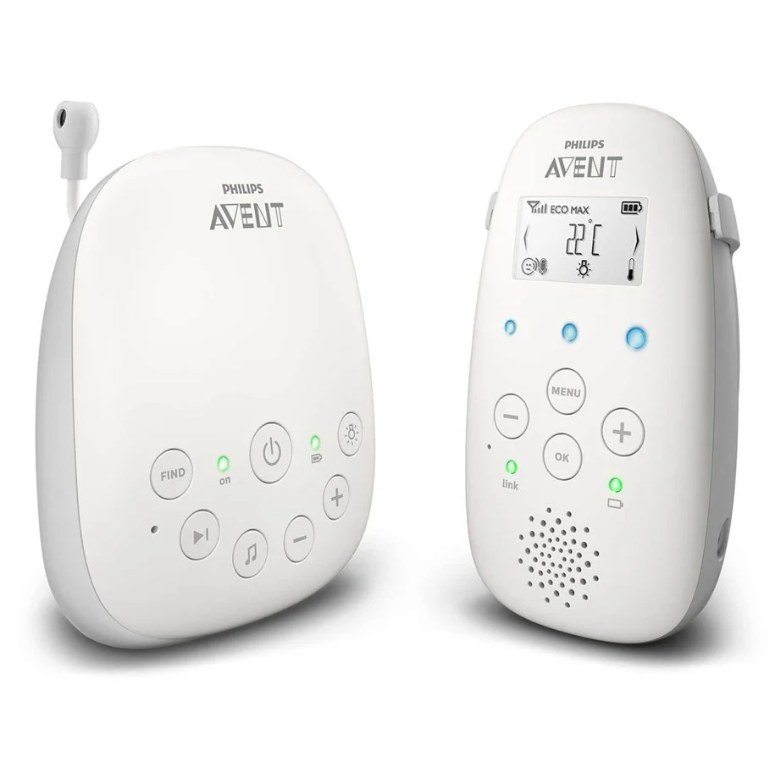 Hvid Philips Avent-babyenhed med antenne og en forældreenhed med display, der viser 22 grader
